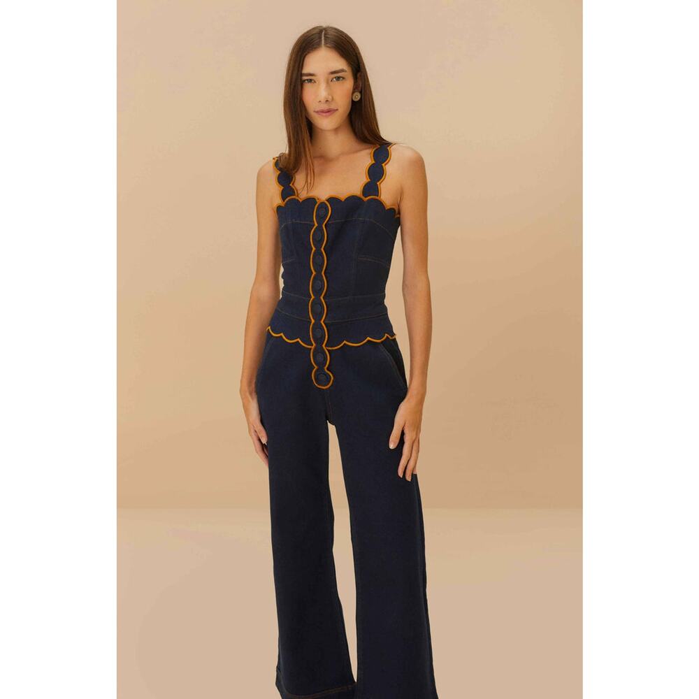 NWT FARM Rio Denim Cloud Scalloped Cutout Flare Jumpsuit Blue Dark Blue Womens L - Picture 3 of 10